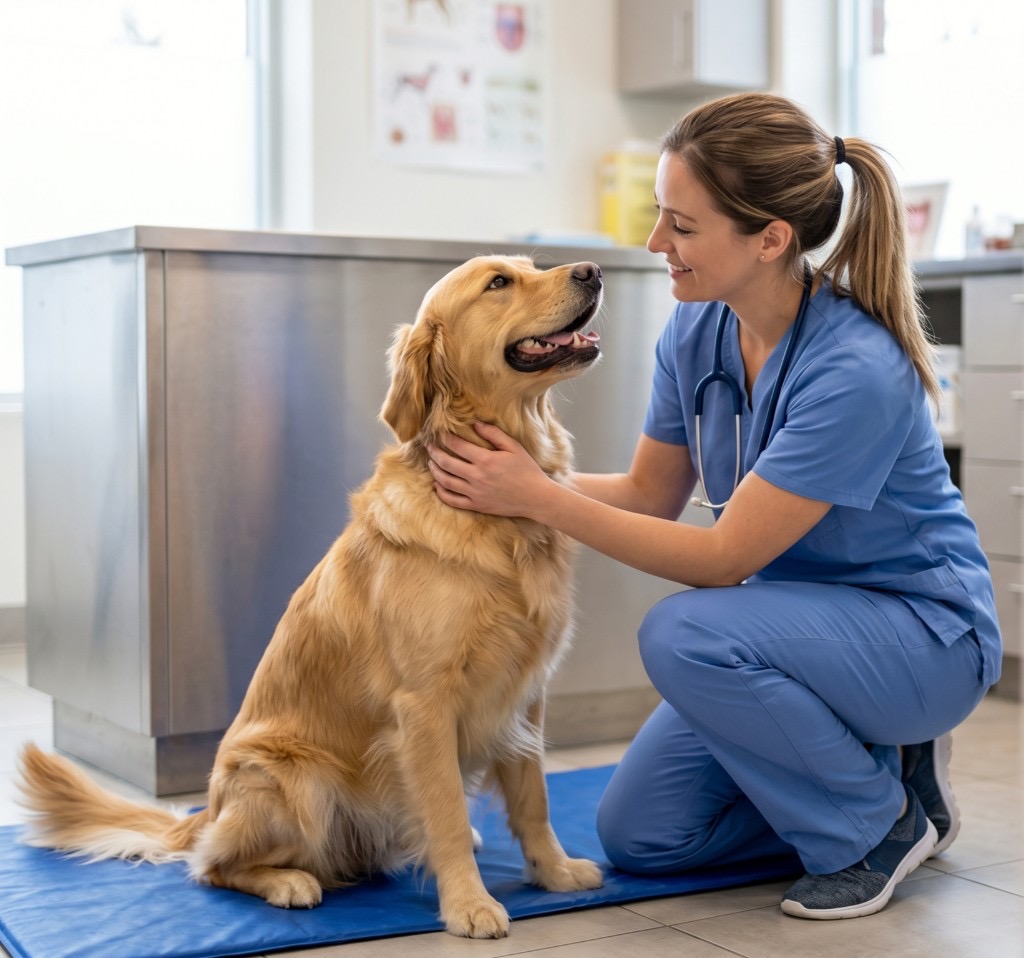 Veterinarian examining a golden retriever in a clinic